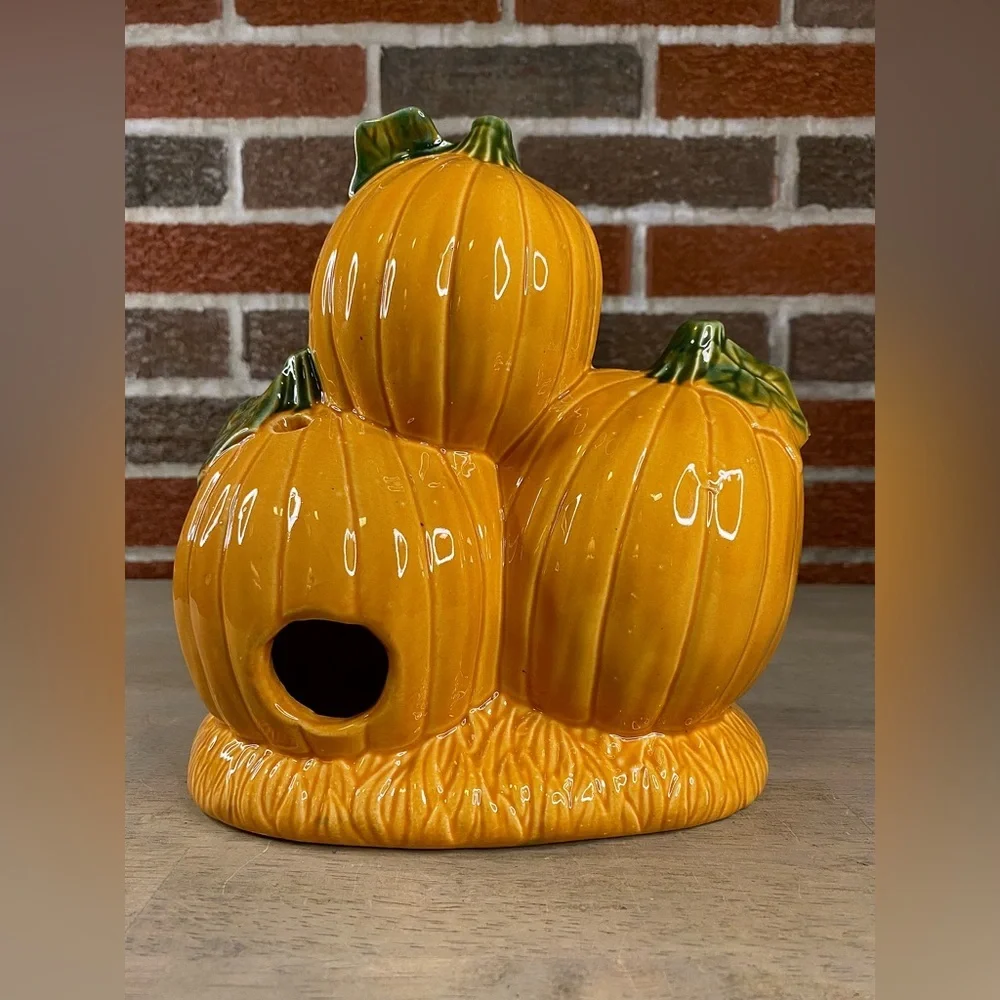 VTG Halloween Ceramic Light Up Pumpkin Patch Jack O Lantern 8 x 7